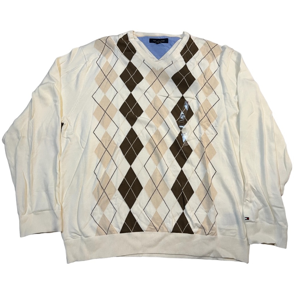 Tommy Hilfiger Men’s Cotton V-Neck Sweater Cream Preppy Argyle Academia XXL